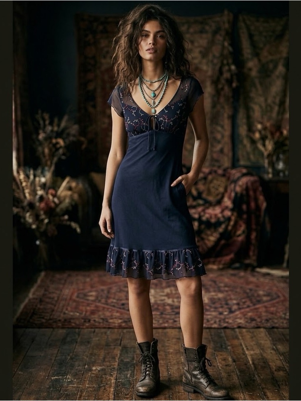 Vintage 90's Black Embroidered Whimsigoth Mesh Mini Dress Size Small